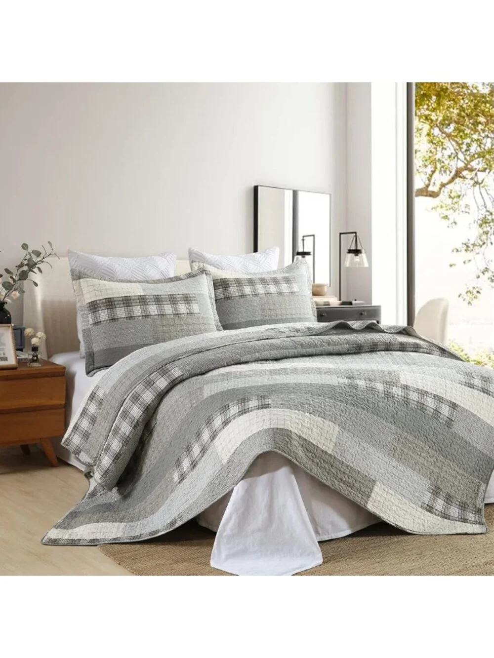 Reversible Queen Quilt Set - 100% Cotton Lightweight Bedspread, Farmhouse Plaid